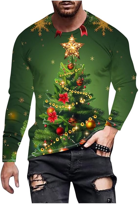 Men's Christmas Sweatshirts Funny Xmas Tree Printed Oversize Sweatshirt Long Sleeve Round Neck Pullover Party Tops