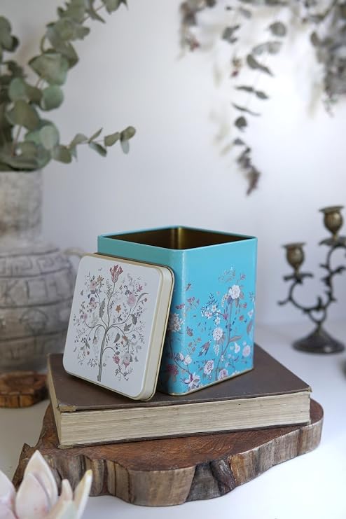 EVLE-Er024-9f Botanica Blue Patterned Square Metal Storage Container 12x12 Cm (Botanica Blue)