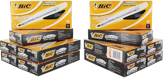 BIC Round Stic Ball Pen, Fine Point, 0.8 mm, Black Ink, Pack of 144 (GSF11BK)