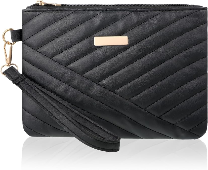 Wristlet Purses for Women,Black Wristlet Wallets PU Large Capacity Zipper Clutch Handbag with Wrist Strap for Phone Purse