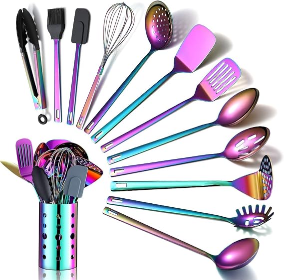 Rainbow Kitchen Utensils Set Stainless Steel Cookware Set 13 Piece Titanium Rainbow Plated Kitchen Tool Set Kitchen Tool Set for Nonstick Cookware Dishwasher Safe 13 Pack