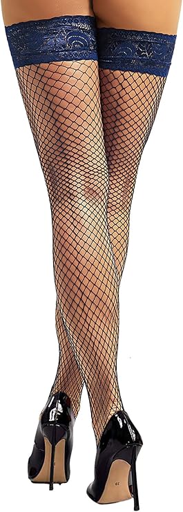 Seam Back Fishnet Thigh High Stockings Silicone Lace Top Lingerie Stay Up Sheer Nylon Hosiery