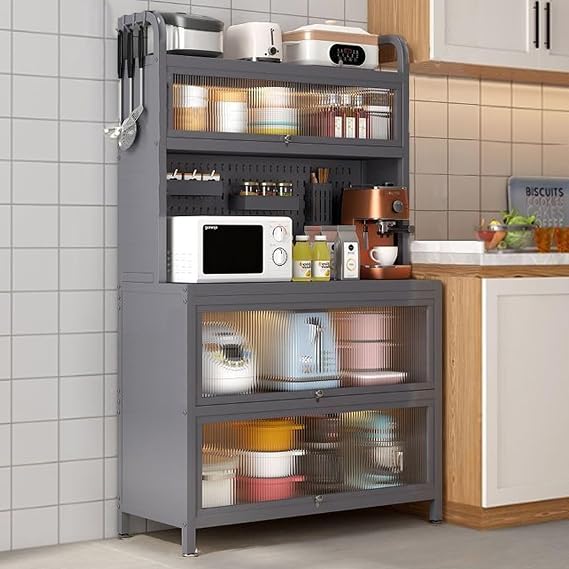 Kitchen Bakers Rack with Flip Door Cabinet, Pantry Cabinet with Pegboard, Farmhouse Coffee Bart for Home, Office, Pantry, Garage