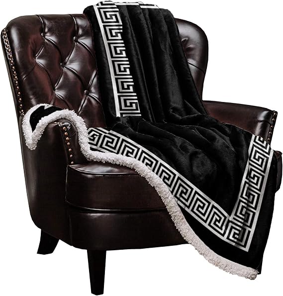 Sherpa Blanket Geometric Greek Key Design Sherpa Fleece Throw Blanket Warm Soft Cozy Blanket Black Fuzzy Blanket Lightweight Plush Blankets for Bed Couch Sofa 40" x 50"