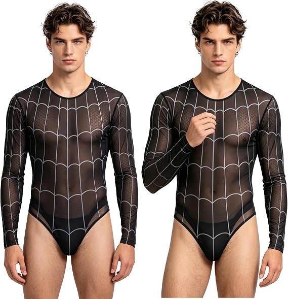 Freebily Adult Opaque Tights High Cut Bodysuit Nylon Tight Long Sleeve One-piece Undershirts Mankini Swimsuit