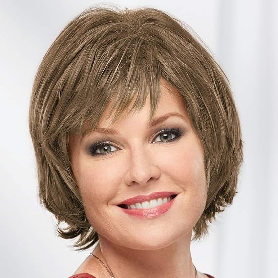 Paula Young Meg Whisperlite Wig Modern Layered, Side-Swept Bob Cut, | Straight Style with Feathered Ends / 30+ Multi-tonal Shades of Blonde, Grey, Brown, and Red