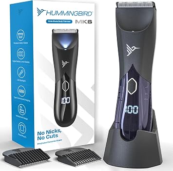 HUMMINGBIRD MK6 Body Hair Trimmer for Men Wide Ceramic Blade, No Nick, No Cut, Ball Trimmer & Body Shaver, Waterproof, USB-C Rechargeable, LED Display, Charging Dock & Travel Pouch, Body Groomer