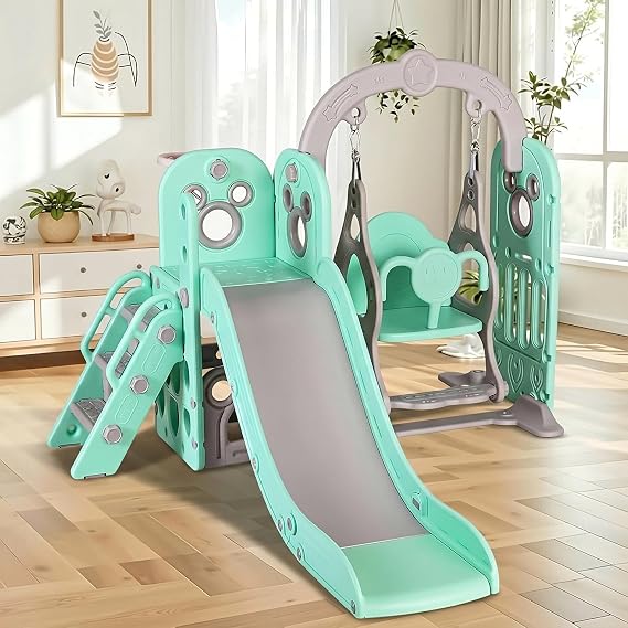 7 in 1 Toddler Slide and Swing Set, Large Kids Climber with Basketball&Hoop