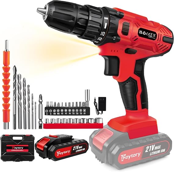 Cordless Drill, 21V Power Drill Kit with 398 inch-lbs & Torque Rating 25+1, 2 Variable Speeds Electric Power Drill 3/8”Keyless Chuck with 1500mAh, LED, 29pcs Accessories Electric Driver for Home, DIY