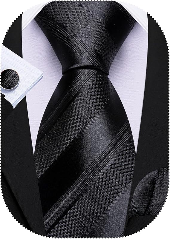 Barry.Wang Striped Men Ties Set Silk Necktie Handkerchief Cufflinks