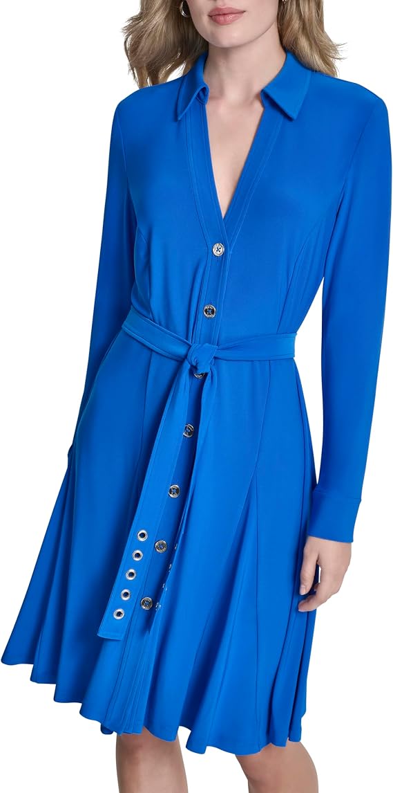 DKNY Women's Long Sleeve Collared Neck Jersey Fit and Flare Dress
