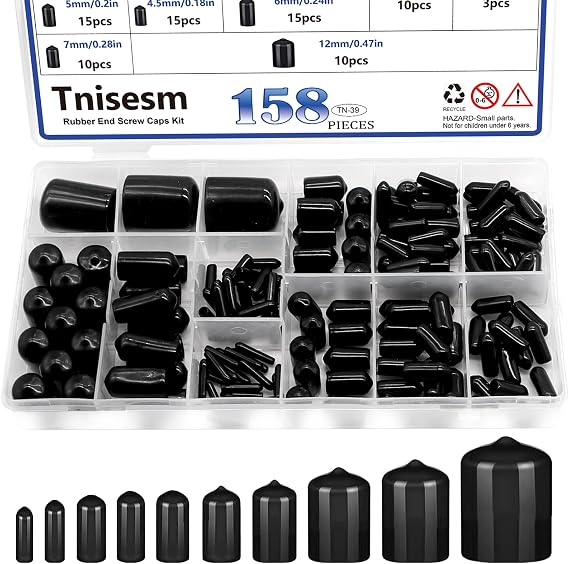 Tnisesm 158Pcs Rubber End Caps - Black Round Vinyl End Caps Bolt Screw Covers & Protectors in 2/25" to 4/5"