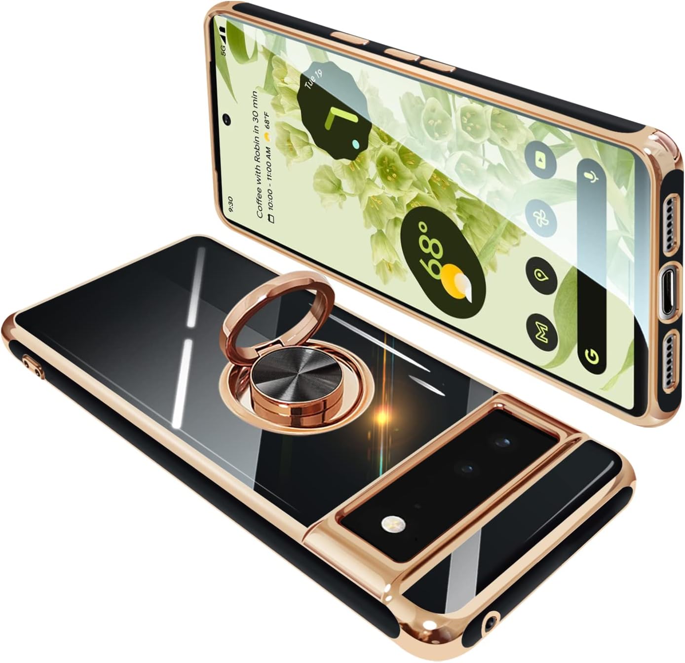 Google Pixel 6 用 ケース リング付き ンド機能 360°回転スタンド機能 耐衝撃 車載ホルダ対応 メッキ加工 ス カメラ保護 カバー ストラップホール付き ピクセル6スマホケース 人気 おしゃれブラック