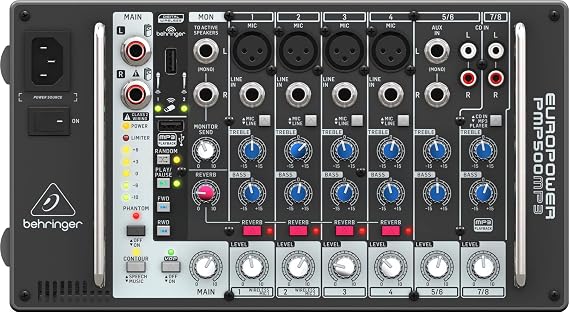 Behringer EUROPWER PMP500MP3 Ultra-Compact 500 Watt 8 Channel Powered Mixer with MP3 Player, Reverb and Wireless Option