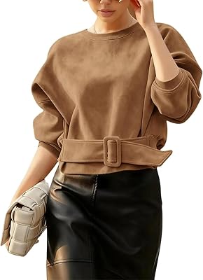 Women Faux Suede Cropped Top Belted Buckle Long Sleeve Crew Neck Pullover Shirt Casual Fall Daily Outfit Street Style