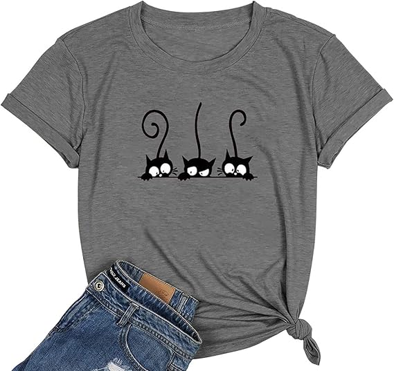 NIUBIA Women's T Shirts Summer Tops Cat Graphic Shirts Casual Thankful Tees | Short Sleeve,Crew Neck,Funny,Loose Fit,Vacation Blouses