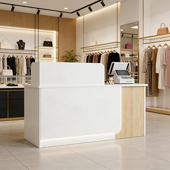 Reception Desk with Counter,Modern Front Desk White,Wooden Reception Counter with Shelves and Storage Cabinet,for Hotel Lobby Company Office Store Shop Beauty Salon (White-A, 63IN)