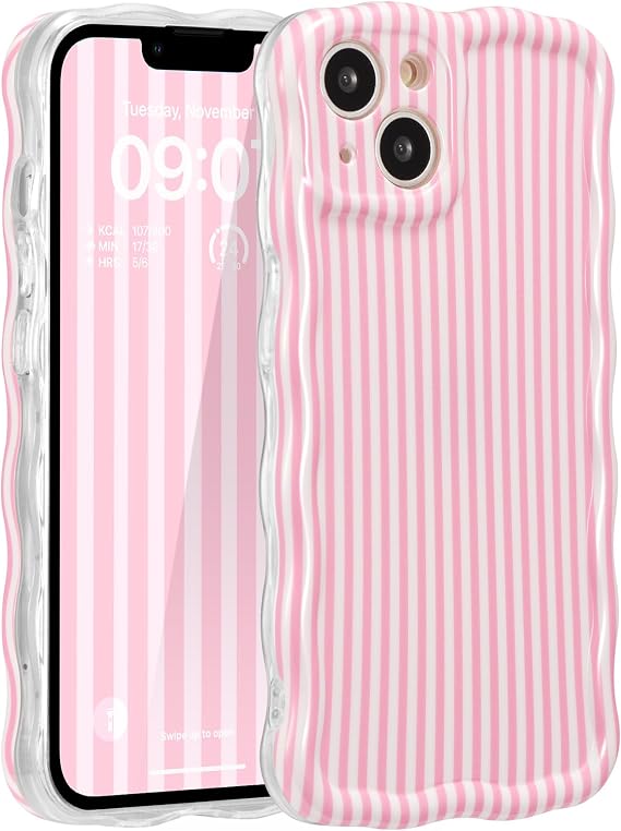 ZCDAYE for iPhone 13 Case Wavy Edge Phone Case Pink Stripes | Cute Pretty Aethetic Pattern Printed Women Girly Cases, Full Camera Protection, Comfy Soft Phone Cover for iPhone 13