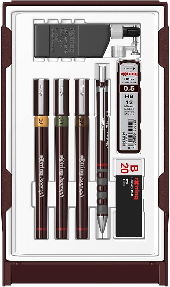 rOtring Isograph Technical Drawing Pen College Set, (0.20, 0.30, 0.50 mm), Includes Pens, Pencil, Eraser, and More - Designed for Precision