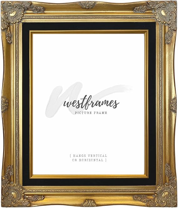 West Frames Daisy Antique Gold Leaf Wood Baroque Wall Picture Frame 3" Wide (Gold Black Velveteen Liner, 8" x 10" Empty Frame Only, No Plexiglass)