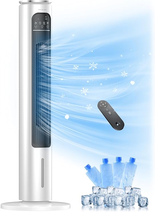Evaporative Air Cooler, 37 Swamp Cooler, Portable Air Conditioners, 3 Modes, 12H Timer, 70 Oscillating, Removable Water Tank, Ice Packs, Remote, Ac Fans for Bedroom, Room, Indoor, Home