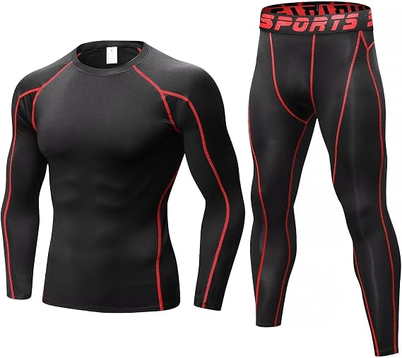THREEGUN Men's Sports Inner Set - Top and Bottom Sports Tights, Long Sleeve Undershirt, Cool/Quick Dry Compression Training Wear