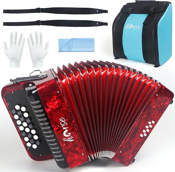 22 Key 8 Bass Accordion, Acordeones Para Adultos, Stable Pitch Polished 22 Key Accordions, Comfortable Sensitive to the Touch Button Accordion, Acordeon De Adulto Azul for Beginners with Bag (Red)