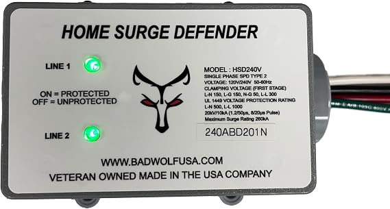 Bad Wolf HSD240V Whole House Lightning & EMP Surge Protector 260kA, ETL Listed and FCC Certified Type 1 SPD, 120/240V Split Phase