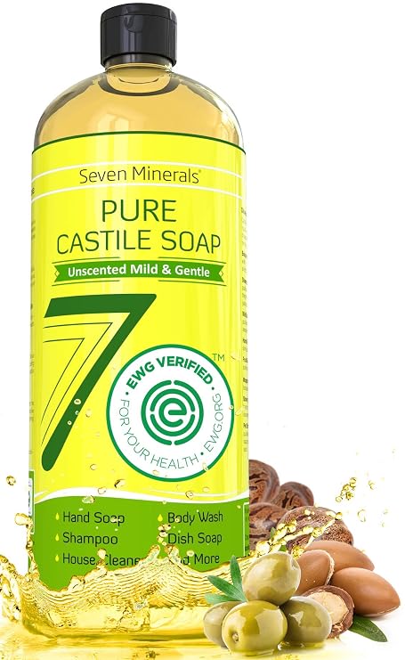 Seven Minerals, EWG Verified Castile Soap 33.8 fl oz - No Palm Oil, GMO-Free - Unscented Mild & Gentle Liquid Soap For Sensitive Skin & Baby Wash - All Natural Vegan Formula with Organic Carrier Oils