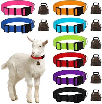 8 Pack Goat Collars with Bell Adjustable Nylon Collar and Grazing Copper Bells Set Small Farm Animal Anti-Lost Cow Sheep Accessories with Loud Bronze Bells