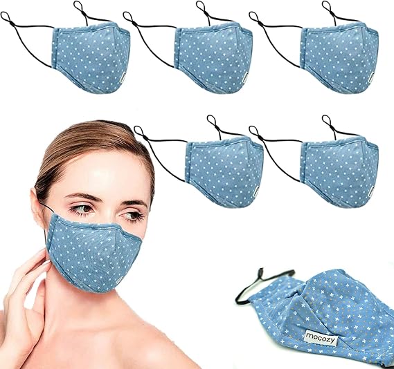 5 Pack 3-Layer Fashion Protective, Reusable Cotton Fabric, Unisex Black Cotton, Washable with Air Port for Carbon Filter (5-Pack, Blue)