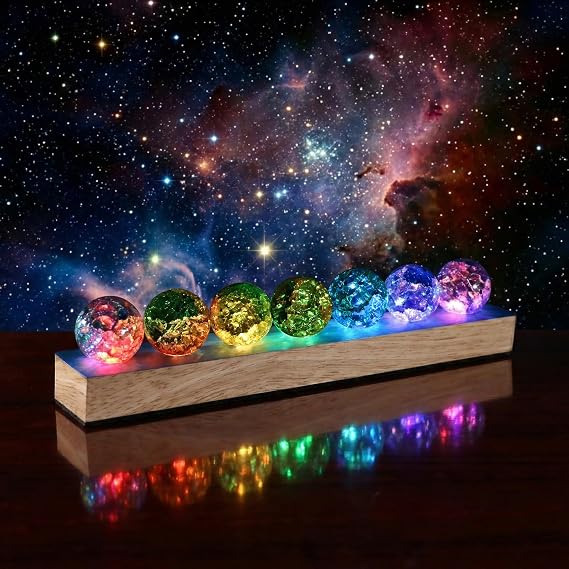 7Pcs Colorful Crystal Healing Spheres LED Wooden Stand(Ice Cracks)
