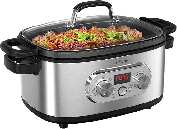Anfilank 10-in-1 Programmable Slow Cooker with Timer, 6.8 Quart Crock Pot, Presets to Sous Vide, Bake, Saute, Cook Rice& More, Nonstick Dishwasher-Safe Pot, Adjustable Temp&Time, Stainless Steel