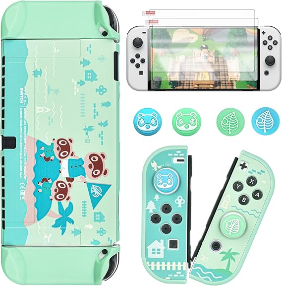 DLseego Animal Crossing Switch OLED Case Protective Cover Dockable Hard Shell Joy Con Skin Accessory With 4PCS Thumb Grips Caps and 2PC Screen Protectors