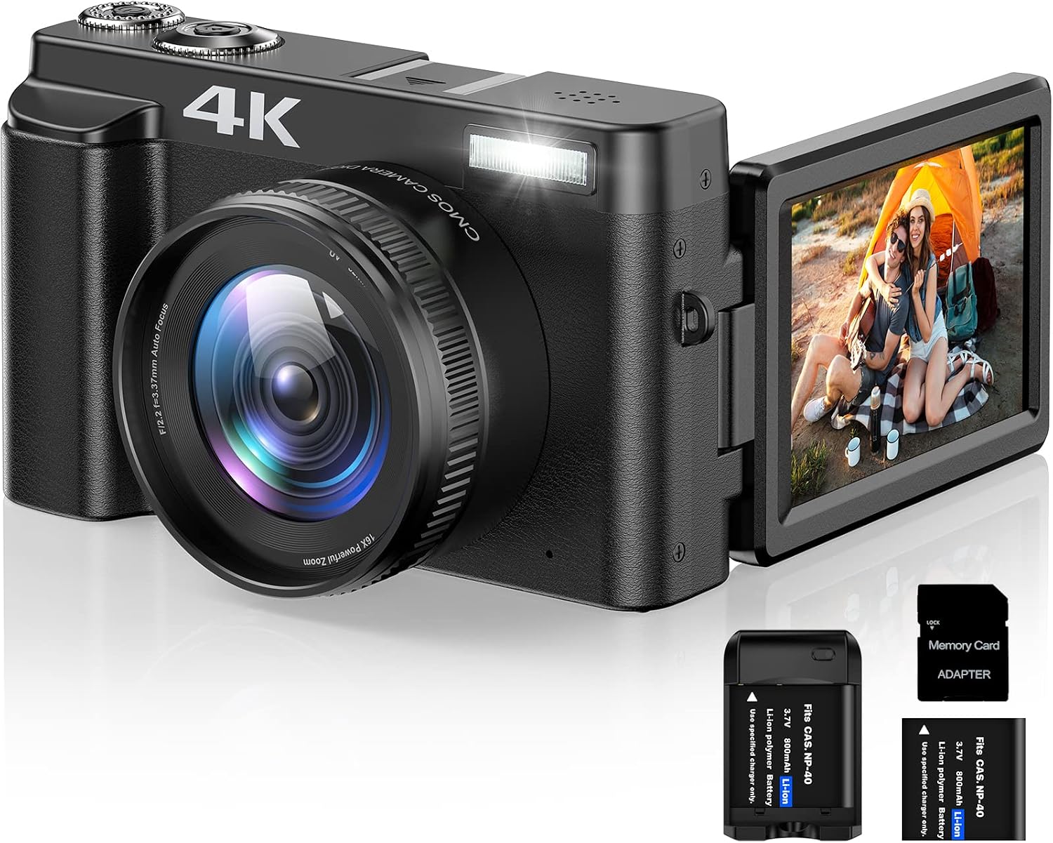 4K Digital Camera Photo Auto Focus 16x Digital Zoom, 48MP Vlog Camera with 32GB SD Card, 3 180° Flip Screen Compact Camera, 2 Batteries