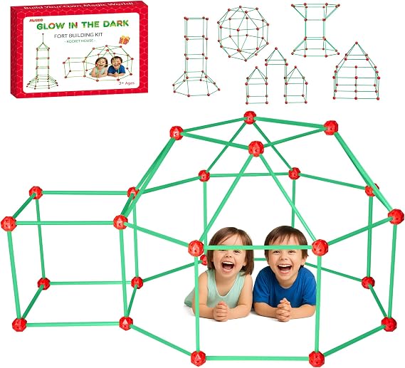 Awsoo Fort Building Kit for Kids 3 4 5 6 7 Glow in The Dark STEM Building Toys Indoor Outdoor Play Tent for Kids Construction Toys with 52 Poles and 24 Connecting Ball
