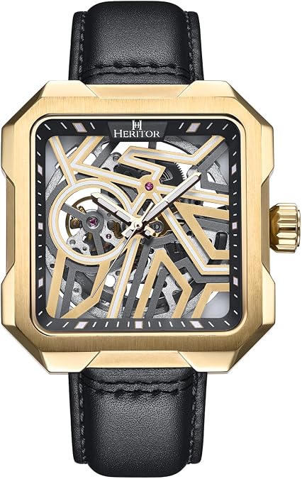 HERITOR Campbell Automatic Watch for Men 43mm Men's Skeleton Watch with Jeweled Automatic Movement, 316L Stainless Steel Case, Genuine Leather Strap