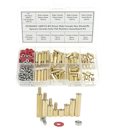 340PCS M3 Brass Male-Female Hex Standoffs Spacers Screws Nuts Flat Washers Assortment Kit;Female Lengths:6mm to 20mm