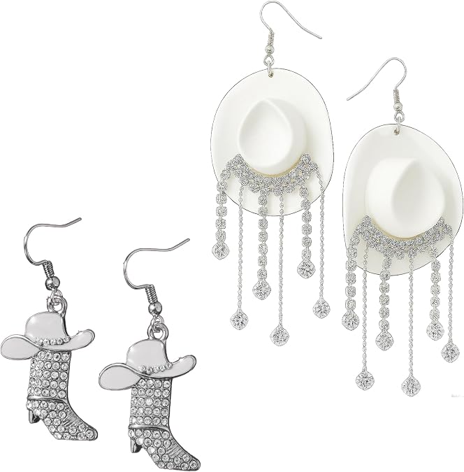 Western Cowgirl Cowboy Hat Earrings Set Sparkly Rhinestone Symmetric Boots Sparkly Rhinestone Tassels Drop Dangle Rural Culture Earring