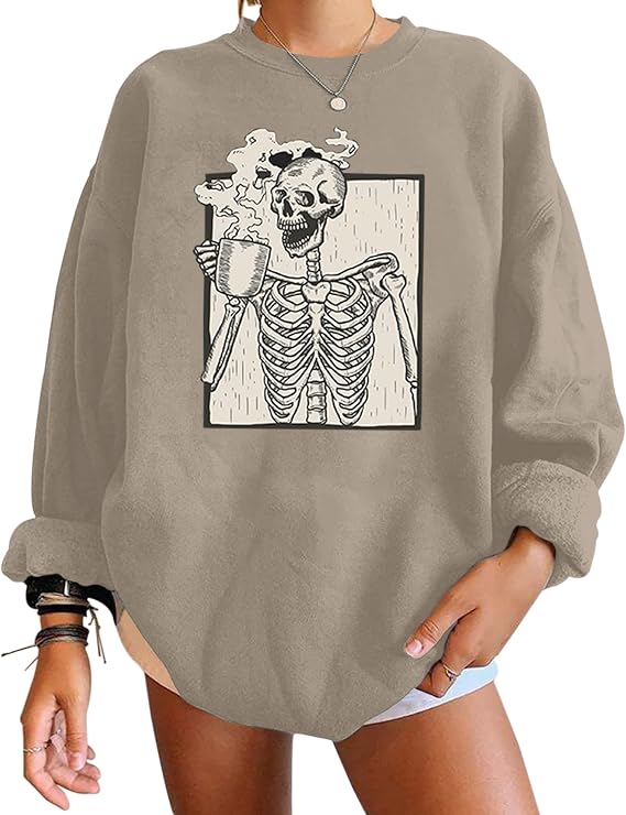 Meladyan Halloween Skull Graphic Print Fleece Oversized Sweatshirt Crewneck Long Sleeve Drop Shoulder Pullover, Coffee Grey