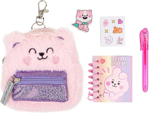 VOTUM Pink Bear Keychain Charm for Backpacks, Purses, Handbags, Car Keys with Stationery Set - Includes Mini Notebook, Gel Pen, Eraser, Stickers - Portable & Fun Gift for Tweens & Adults Ages 8+