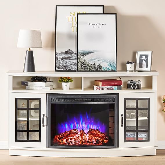 AMERLIFE 59" Curved Fireplace TV Stand with Storage for TVs up to 65''