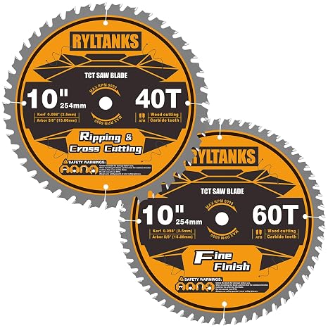10 Inch Table Saw Blade/Miter Saw Blade, 5/8" Arbor, 40T for Ripping, Cross Cutting&60T for Fine Finish Wood Cutting, 2-Pack