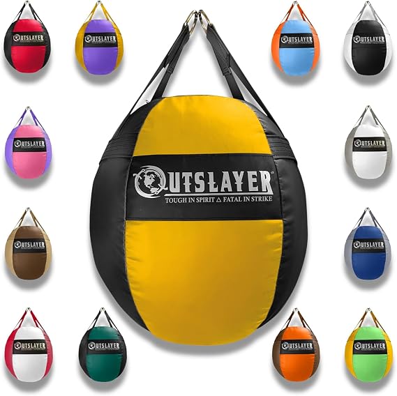 OutSlayer Wrecking Ball Heavy Bag 70 Lb - Boxing, MMA, Muay Thai Training - Custom Colors - Unfilled/Soft/Filled - USA Made (Yellow/Black, Filled)