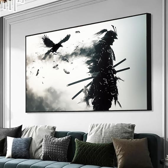 Japanese Samurai Canvas Wall Art Black and White Warrior Poster Armored Samurai Portrait Print Japanese Warrior Wall Art Black Asian Figure Picture Bushido Inspirational Painting 16x24in No Frame