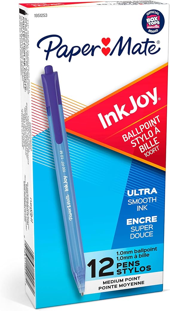 Paper Mate InkJoy 100RT Ballpoint Pens, Retractable, Medium Point (1.0mm), Blue Ink, 12 Count - Writing, Journaling, Note-Taking