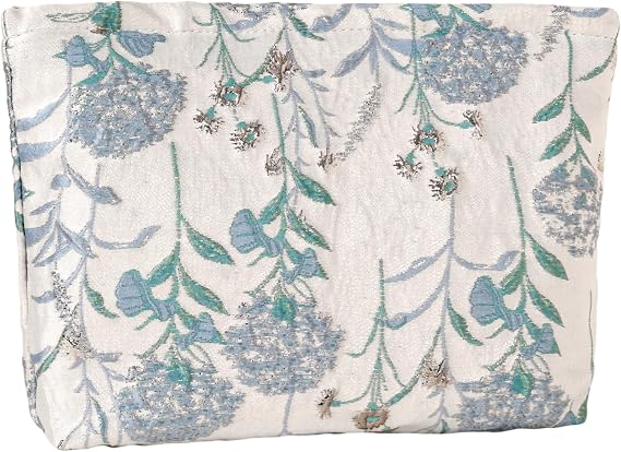 Elegant Blue Floral Flowers Makeup Pouch for Women Small Embroidered Make Up Bag for Purse Zipper Initial Cute Makeup Cosmetic Bags Pouches for Purse Aesthetic Travel Toiletry Canvas Bags