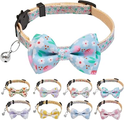 Breakaway Cat Collar with Cute Bow Tie and Bell, Cat Collars for Boy Cats and Girl Cats, Safety Kitten Collars, Floral Patterns, 1 Pack Blue