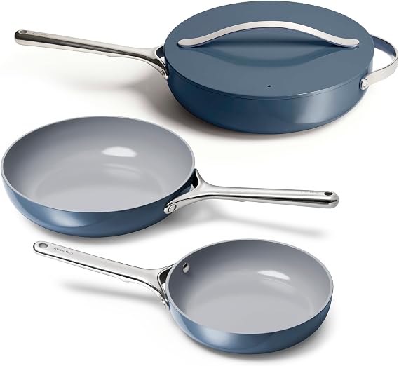 Caraway 4-Piece Fry Pan Set - Non-Stick Frying Pans (10.5 & 8) & Non-Stick Saute Pan - Non Toxic, PTFE & PFOA Free - Oven Safe & Compatible with All Stovetops (Gas, Electric & Induction) - Navy