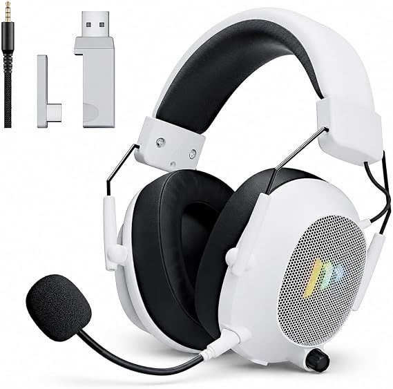 Wireless Gaming Headset for PC, PS5, PS4 and Mac, 2.4GHz Low Latency Gaming Headphones with Bluetooth 5.3, Noise Canceling Mic, RGB Light, Surround Sound, 50H Battery, Tac Master White